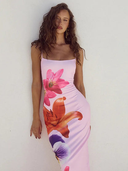 Women Floral Print Long Bodycon Strap Sleeveless Backless Midi Elegant Gown  Summer Dress