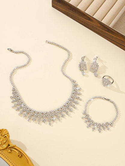 Luxury 4-piece Platinum Plated Bridal Wedding Set with Zircon Leaf Flower Design Women's Necklace Bracelet Earrings