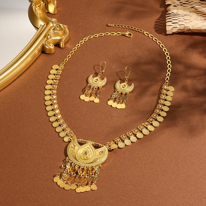 Women Arab Ethnic Golden Coins Crystal Moon Shape Necklace Earrings  Wedding Jewelry Set