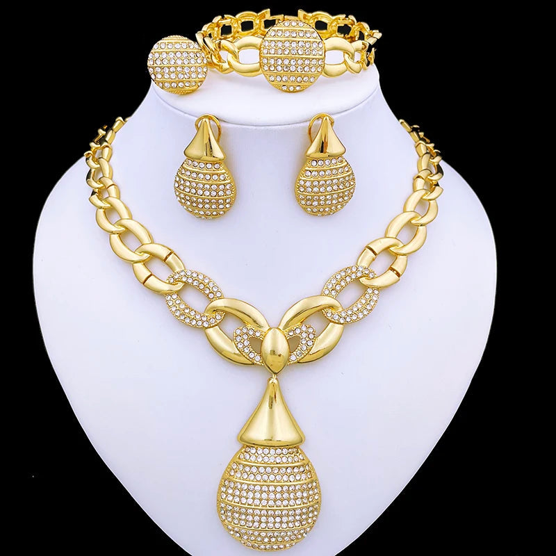 Dubai Gold Color Jewelry Sets Italy 18K Gold Plated Necklace Earrings Ring Bracelet Classic Design 4Pcs Set Party Jewelry