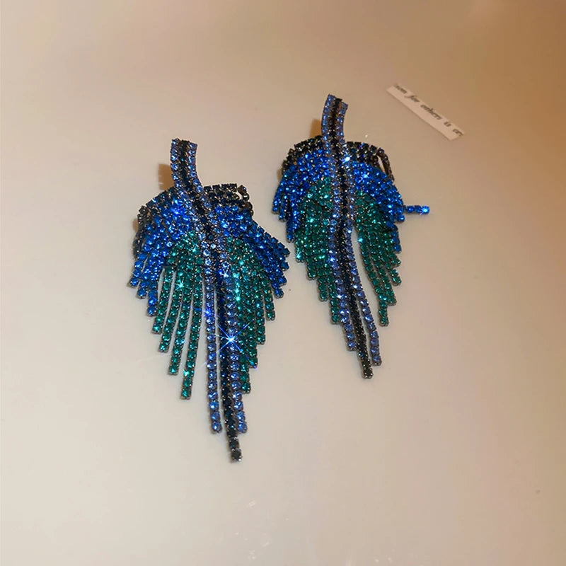 Full Rhinestone Long Tassel Earrings Women Blue Color Fashion Geometric Drop Earring