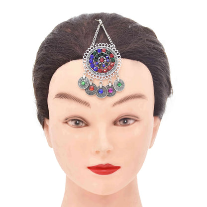 Afghan Colorful Crystal Coin Tassel Necklaces Earring Hair Clips Sets for Women Female Ethnic Wedding Party Gypsy Party Jewelry