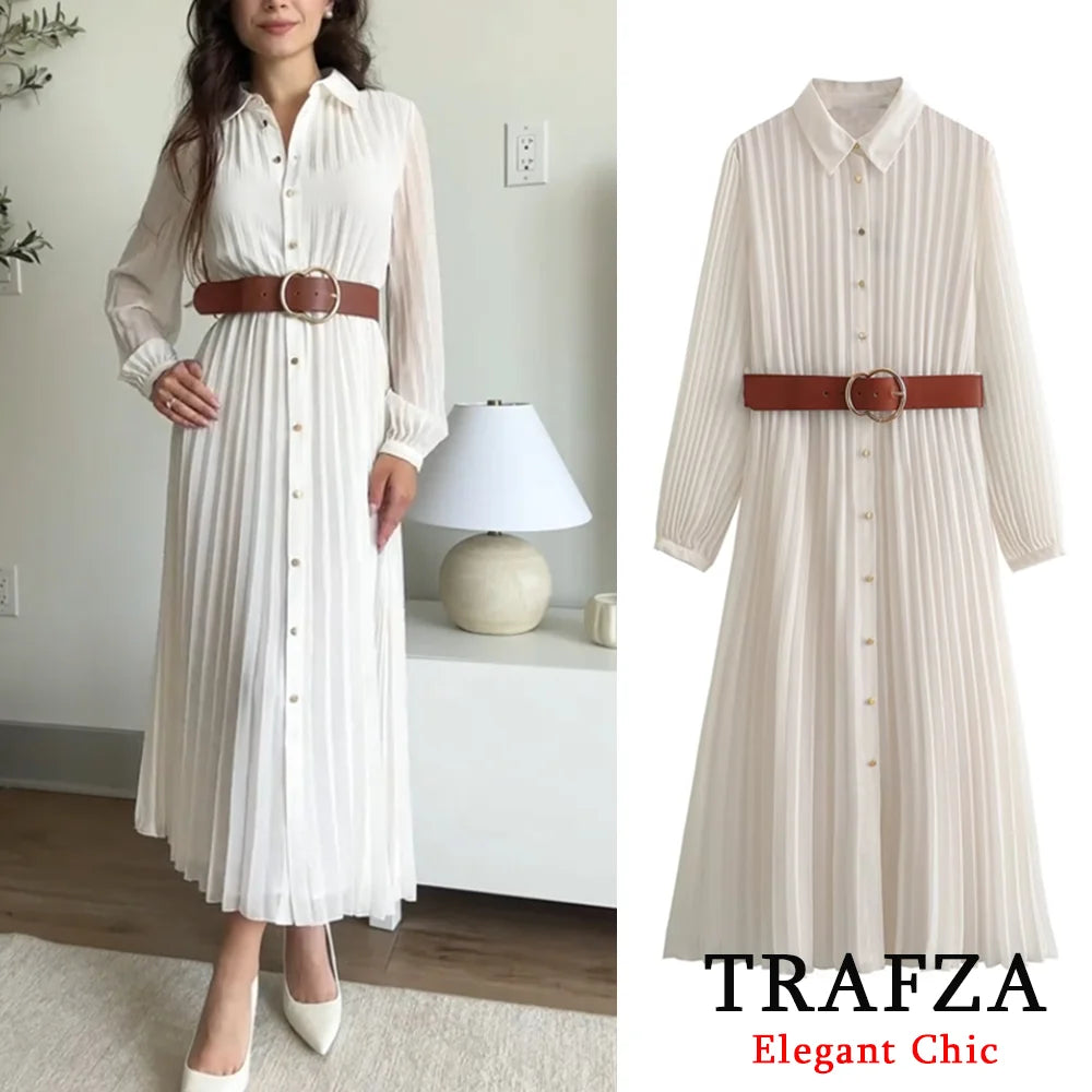 Autumn Women's Clothing New 2025 Spring Fall Temperament Elegant With Belt Midi Pleated Shirt Dress 8372/089