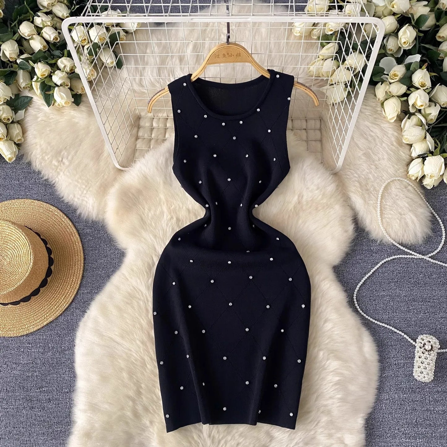 YuooMuoo Hotsweet Beading Knitted Mini Dress Women Sleeveless Slim Bodycon Summer Dress Streetwear Lady Outfits Tank Dress