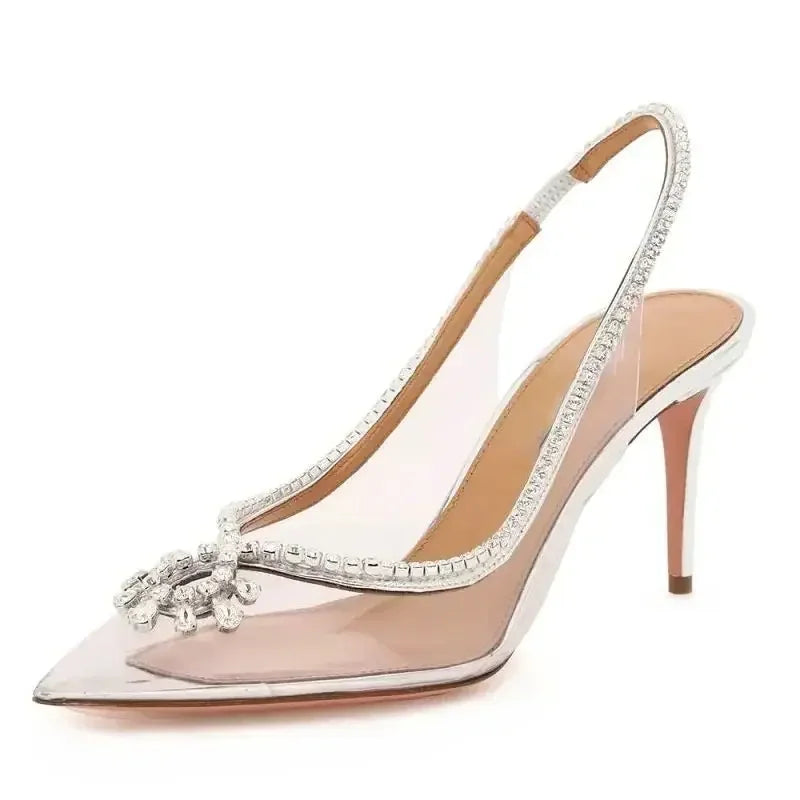 Fashion Crystal PVC Transparent Women Pumps Elegant Thin Heels Sandals Slingbacks Silver Party Wedding Shoes