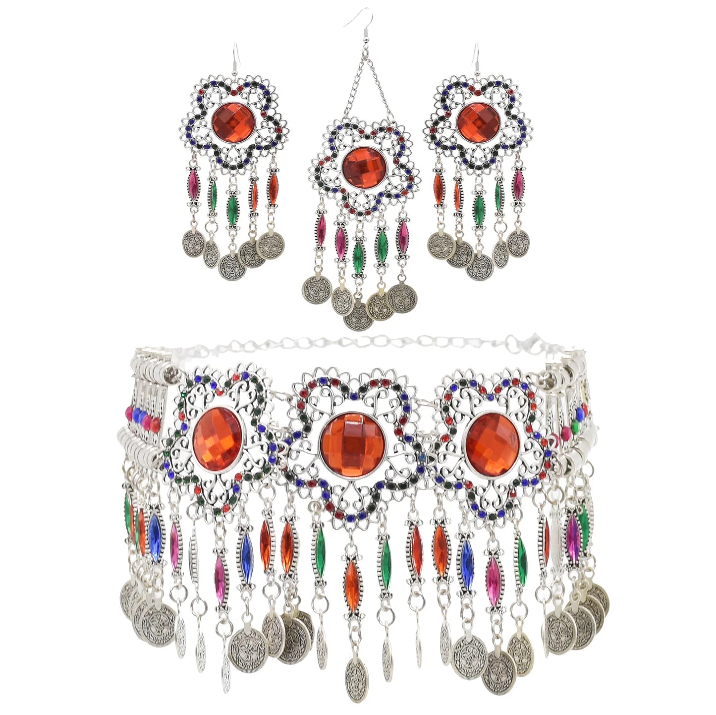 Gypsy Turkish Tribal Colorful Rhinestone Coins Necklace Earrings for Women Boho Pakistan Afghan Dress Clothes India Jewelry Sets