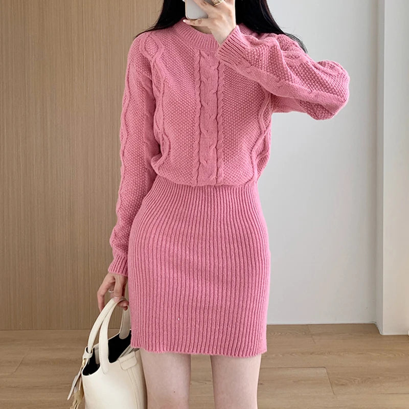 Ribbed Pullover Bodycon Dress Knit Bating Sleeve Fake Two Piece Dress Thickened Warm Dress For Women 2024 Fall Winter