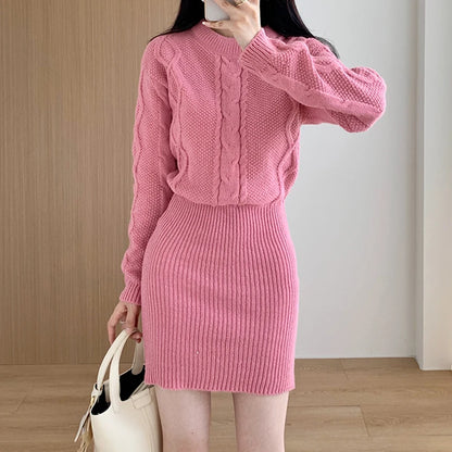 Ribbed Pullover Bodycon Cable Knitwear Two Piece Dress