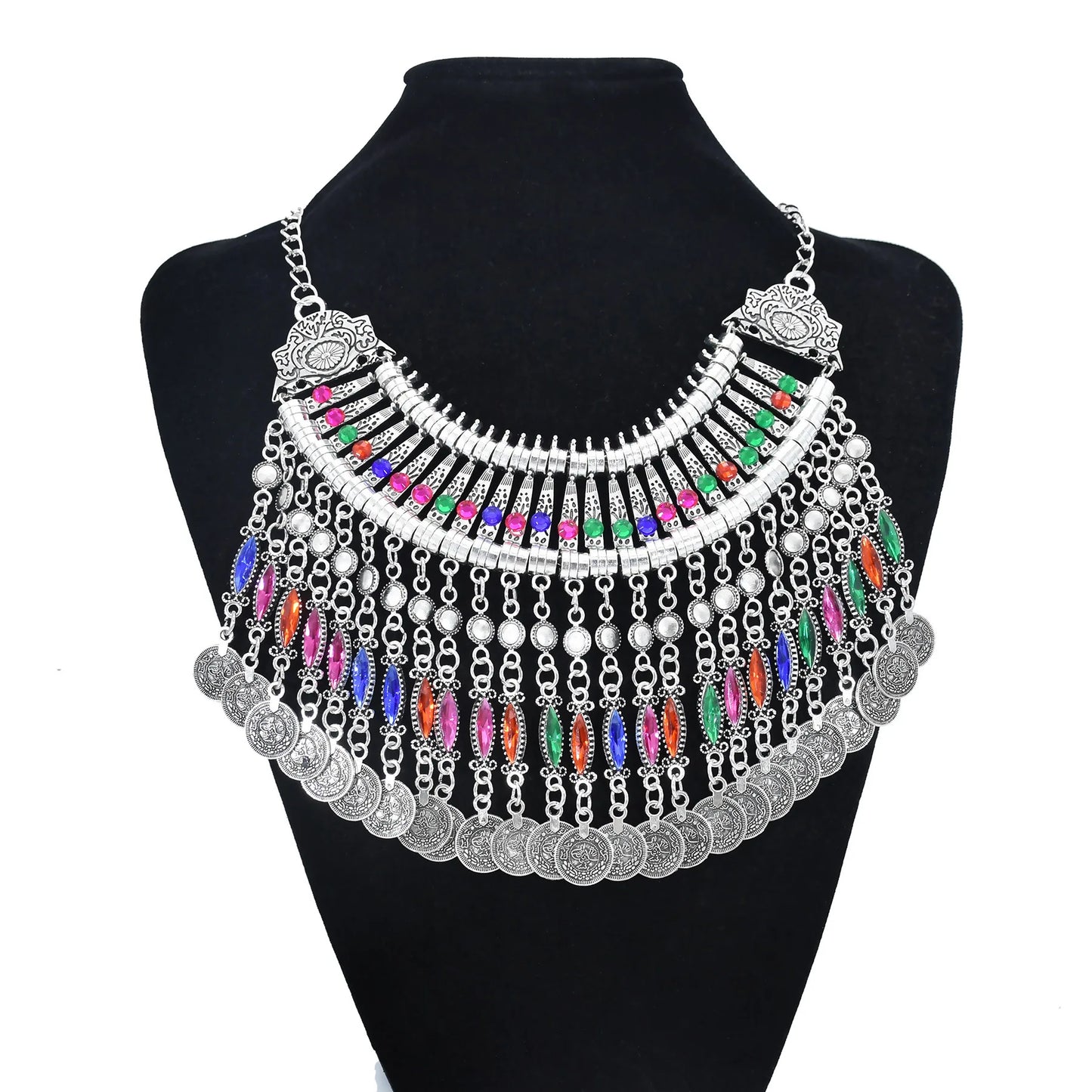 Colorful Crystal Bead Coin Ethnic Choker Necklace Drop Earrings Set For Women Retro Gypsy Afghan Traditional Dress Jewelry Sets