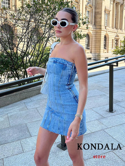 TRAFZA Sexy Blue Denim Sheath Mini Party Dress Women Y2K Street Style Jeans Tube Backless Bodycon Dress Fashion 2024 Vestidos