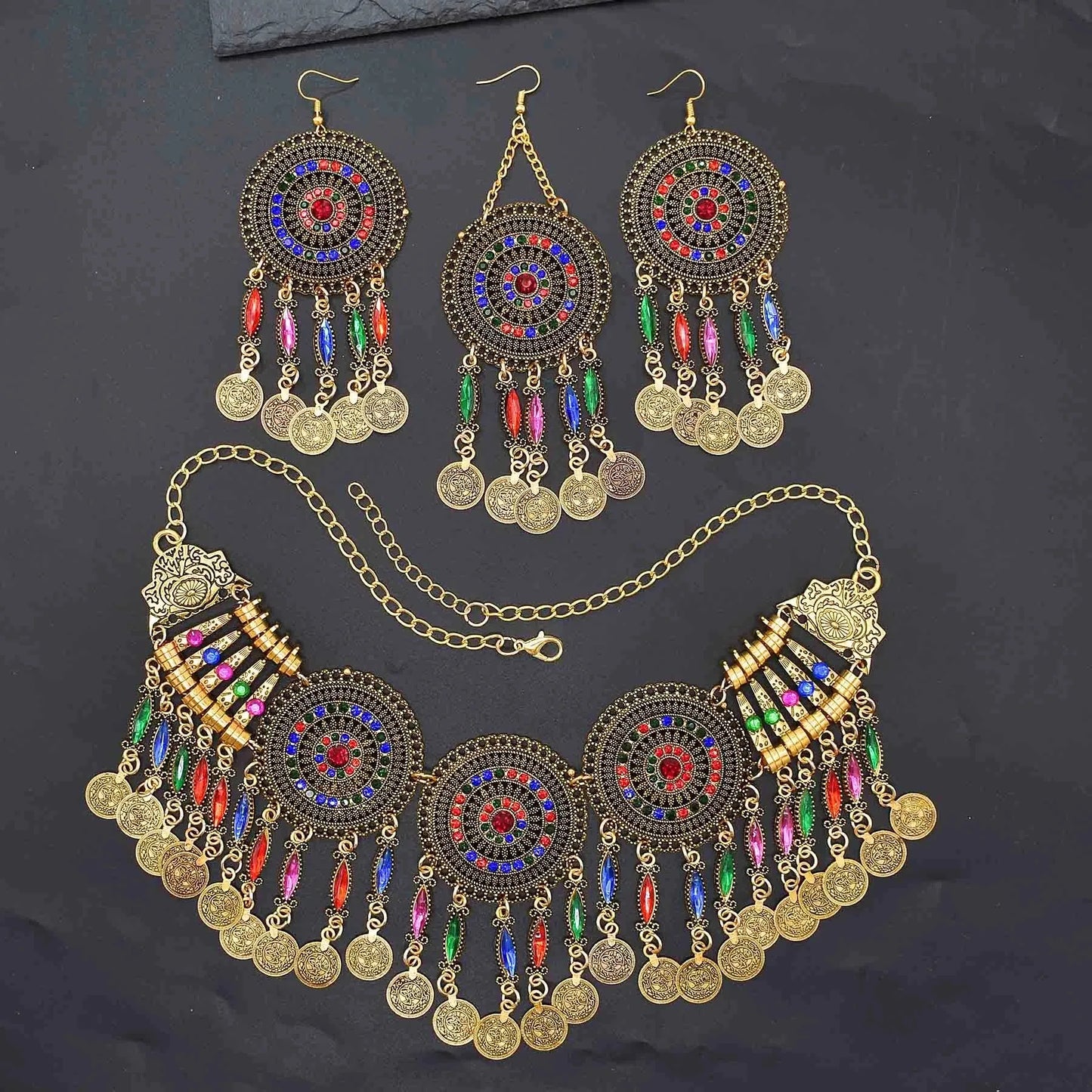 3pcs Indian Afghan Jewelry Sets Necklace Earrings Hairbands for Women Boho Ethnic Coins Tassels Colorful Crystal Drop Accessory