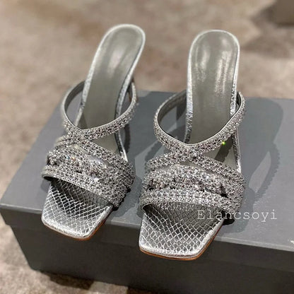 Bling Bling Rhinestone High Heels Slippers Women's Square Toe Thin Heels Lazy Sandals Summer Fashion Party Dress Shoes 2025