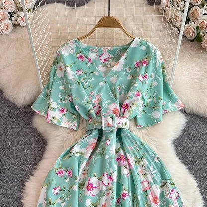 YuooMuoo Chic Fashion Floral Print Long Summer Dress 2025 New Arrival Elegant V-neck Party Dress with Belt Lady Outfits Vestidos