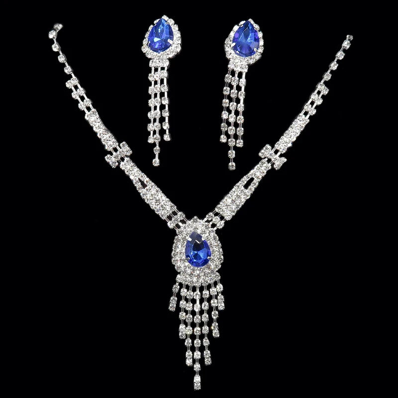 Luxury Blue Rhinestone Silver Plated Wedding Party Necklace Earrings Set Fashion Blue Crystal Bridal Jewelry Set Ladies Gift