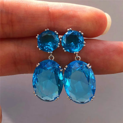 Ladies Blue White Water Drop Shaped Crystal Rhinestone Zircon Metal Dangle Earring for Women Party Jewelry