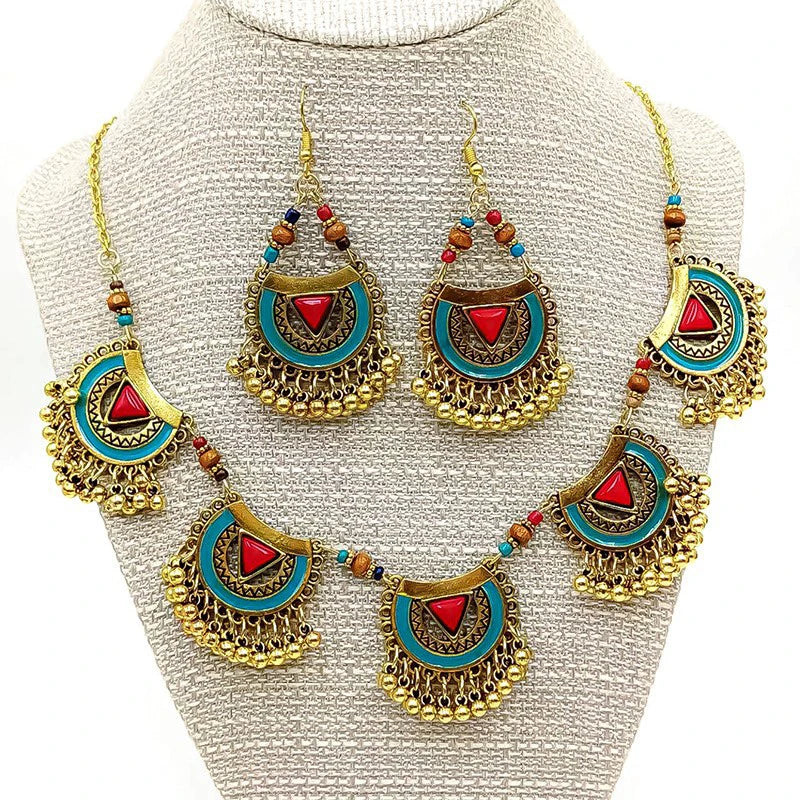 Bohemia Red Turquoise Stone Necklace Earring Women Antique Gold Plated Chokers Collier Femme Geometric Tassel Necklaces Jewelry