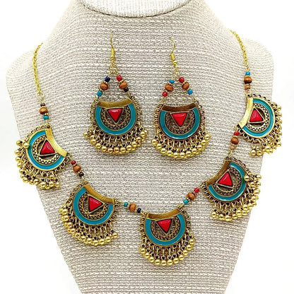 Bohemia Red Turquoise Stone Necklace Earring Women Antique Gold Plated Chokers Collier Femme Geometric Tassel Necklaces Jewelry