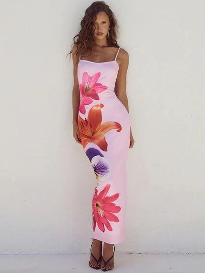 Women Floral Print Long Bodycon Strap Sleeveless Backless Midi Elegant Gown  Summer Dress