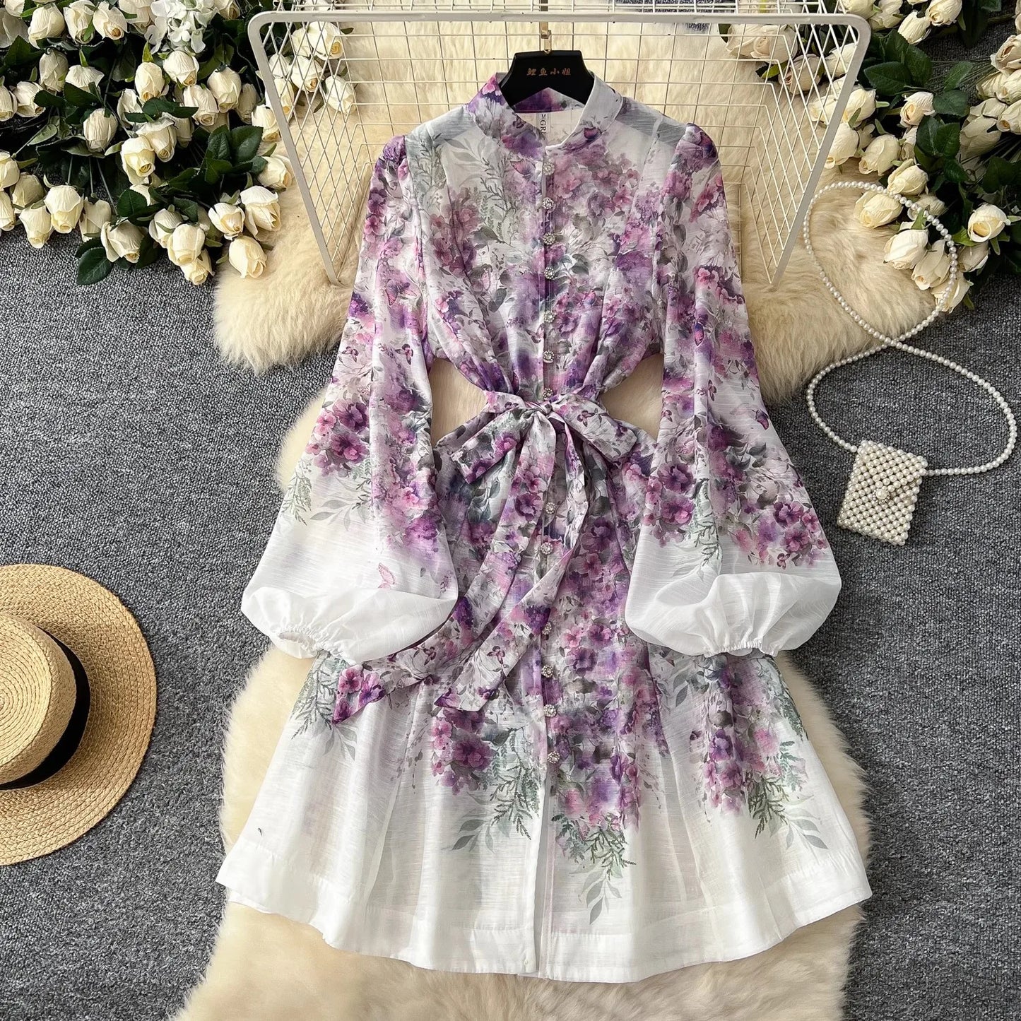 2025 Spring Holiday Gorgeous Flower Organza Dress Women Lantern Long Sleeve Beaded Button Floral Print Belt Lace Up Boho Vestido