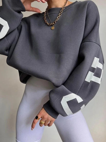 Women Loose Pullover Sweatshirts Letter Print Casual Thickened Long Sleeve Tops Autumn Streetwear