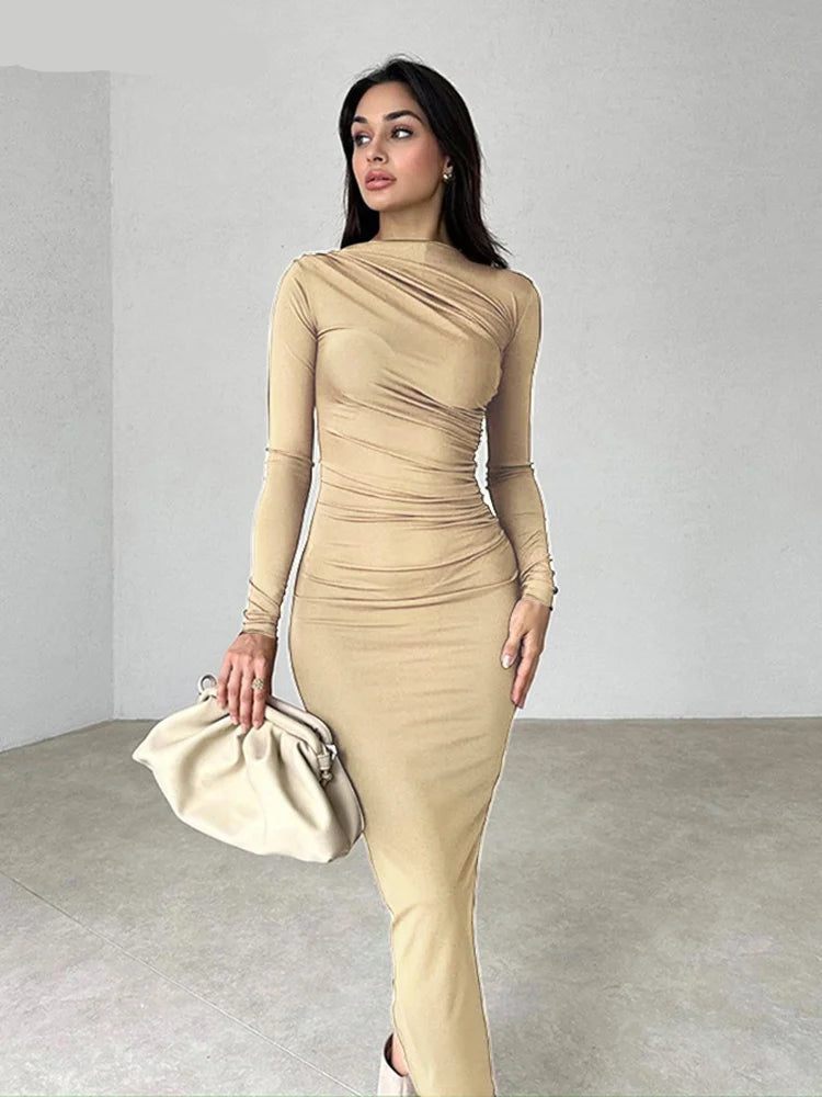 Elegant Temperament Women Maxi Dress Full Sleeve O Neck Zipper Solid Autumn Fashion Bodycon Evening Party Vestidos