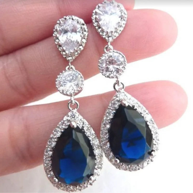 Ladies Blue White Water Drop Shaped Crystal Rhinestone Zircon Metal Dangle Earring for Women Party Jewelry