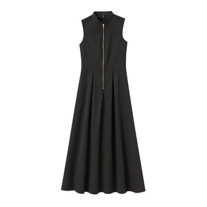 Sleeveless Spliced Zipper Maxi Summer Dress Women Elegant High Waist Slim Pleated Long Dresses Office Lady Street Robes Female