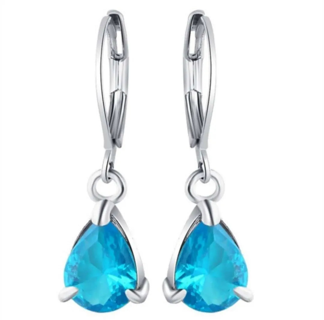 Ladies Blue White Water Drop Shaped Crystal Rhinestone Zircon Metal Dangle Earring for Women Party Jewelry