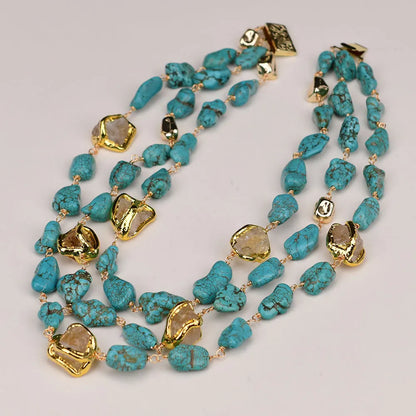 G-G 3 Rows Natural Stone Freedom Blue Turquoise Yellow Citrine Gold Plated Nugget Necklace