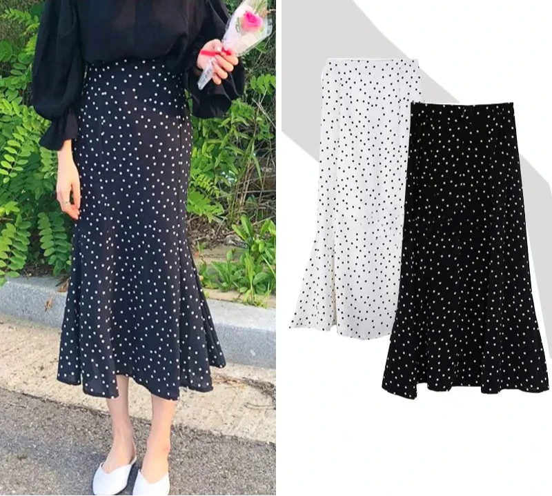 2024 Summer Skirt Long Hot Sales Women Black White Dot Preppy Style Girls Korean Design High Waist Black Skirt 3024