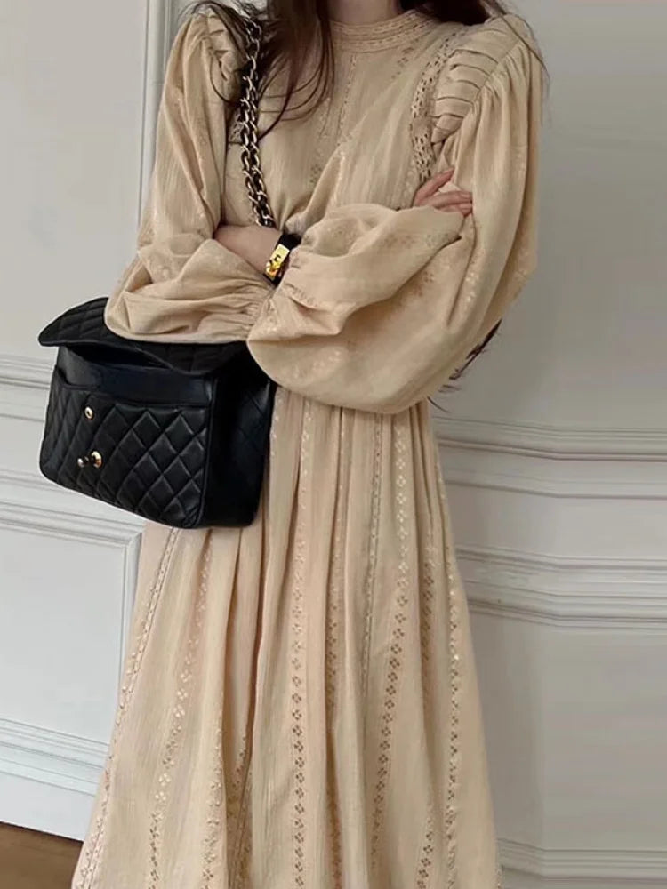 Elegant Women Stand Neck Embroidery Jacquard Dress Pleated Waist Lantern Sleeve Dresses 2025 Spring Autumn New Vestidos