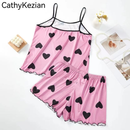 Women Pajamas Sleepwear Pajama Set Camisole Shorts Pink S M L Heart Print Scoop Neck Cami Top Ice Silk Comfortable Casual Summer