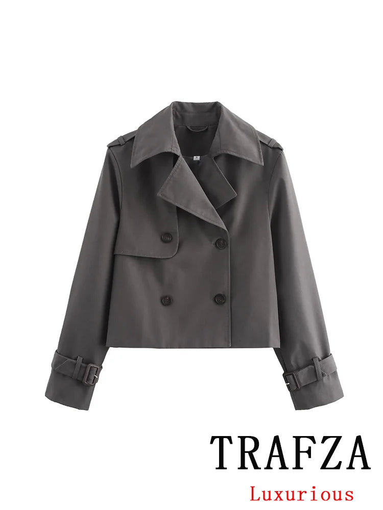 TRAFZA Vintage Casual Chic Women Jackets Solid Double Breasted Turn-down Collar Long Sleeve Short Coat Fashion 2024 Autumn Coat