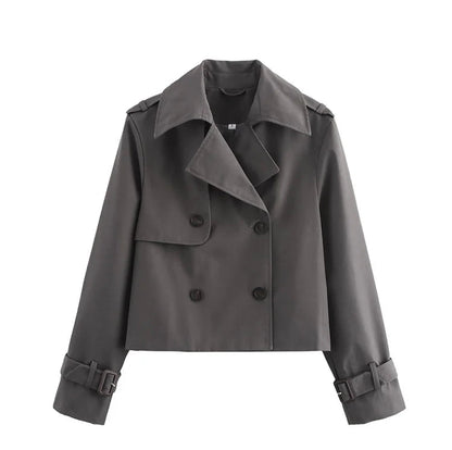 Women Vintage Casual Chic Solid Double Breasted Turn-down Collar Long Sleeve Short Coat  Jackets