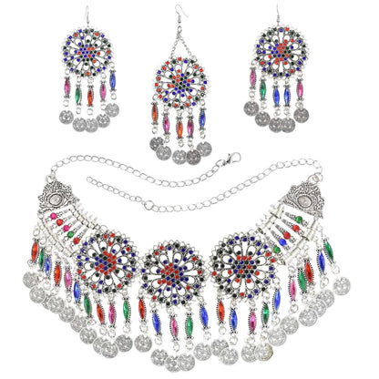 3pcs Indian Afghan Jewelry Sets Necklace Earrings Hairbands for Women Boho Ethnic Coins Tassels Colorful Crystal Drop Accessory