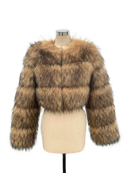 High Quality Cropped Faux Raccoon Fur Coat Women Winter Fashion O Neck Long Sleeve Fluffy Short Faux Fur Jacket Crop Top