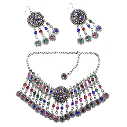 Colorful Crystal Bead Coin Ethnic Choker Necklace Drop Earrings Set For Women Retro Gypsy Afghan Traditional Dress Jewelry Sets