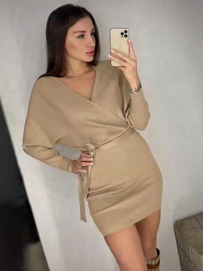 New Autumn Winter Women Knitted Sweater Dress Korean Long Batwing Sleeve V Neck Elegant Dress Ladies Bandage Dress GD792