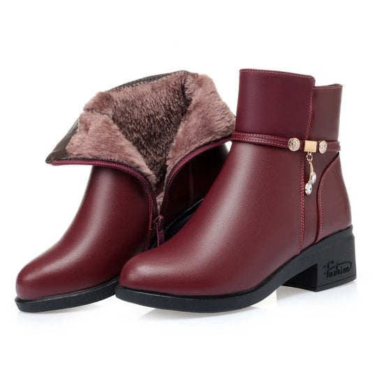 Women's Mother Female Genuien Leather Shoes Ankle Boots Winter Fur Plush Wool Warm Zipper