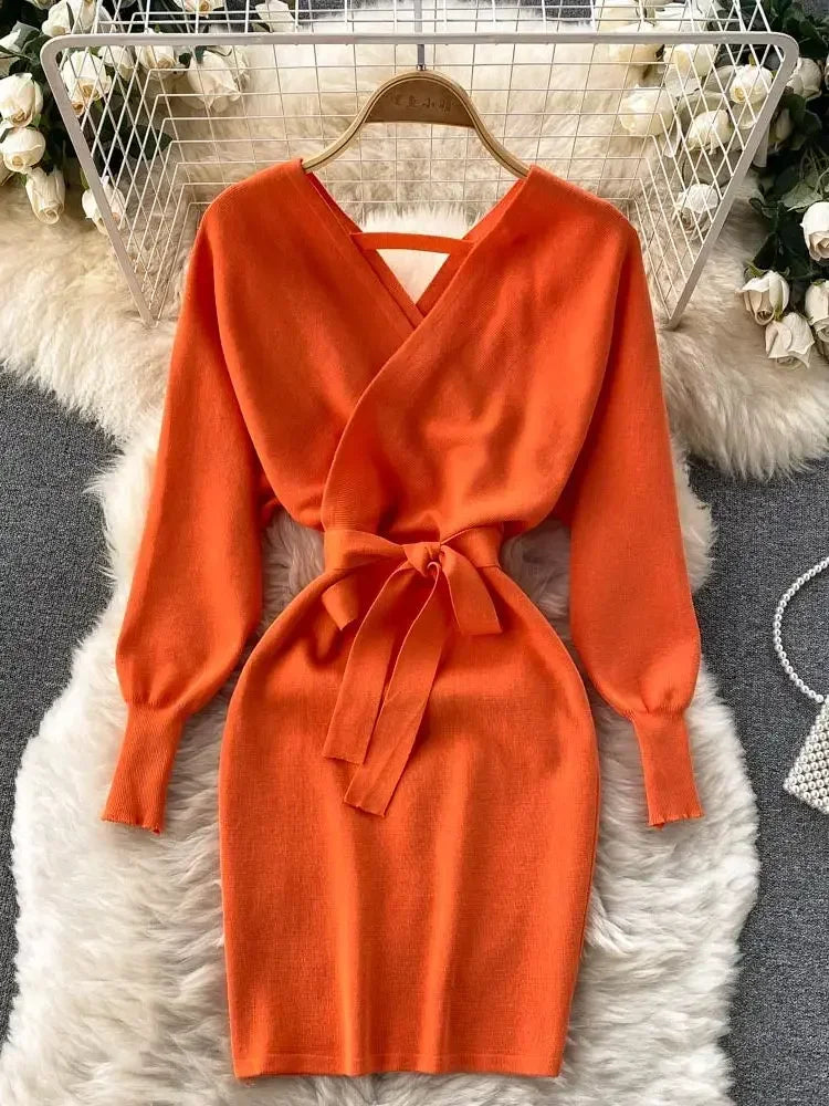 New Autumn Winter Women Knitted Sweater Dress Korean Long Batwing Sleeve V Neck Elegant Dress Ladies Bandage Dress GD792