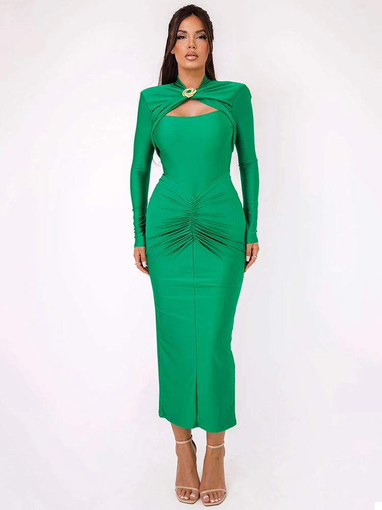 Hollow Out Long Sleeve Sexy Maxi Dress For Women Gown Autumn Winter New Metal Buckle Ruched Slit Long Dress Elegant