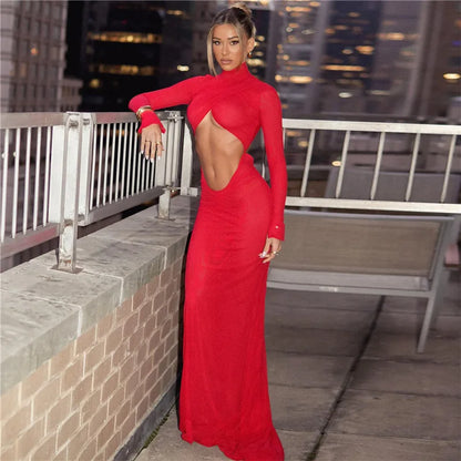 Elegant Red Cut Out Maxi Dress for Women Party Club Outfits Long Sleeve Ruched Sexy Backless Gown Birthday Dresses