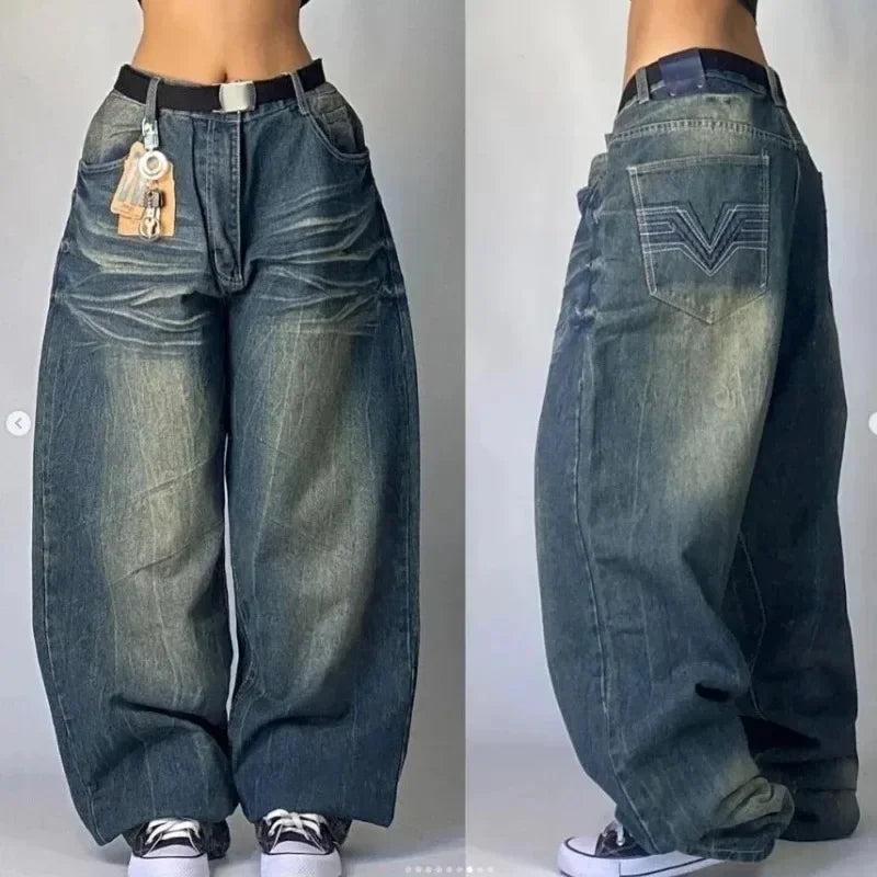 American New Fashion Multi-pocket Washed Baggy Jeans Women Vintage Hip Hop High Waist Casual Wide Leg Pants