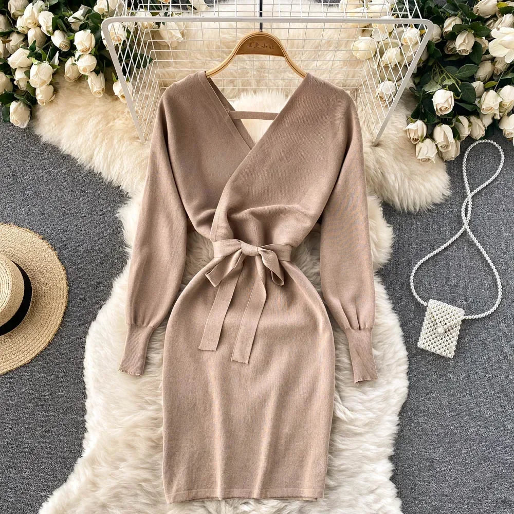 New Autumn Winter Women Knitted Sweater Dress Korean Long Batwing Sleeve V Neck Elegant Dress Ladies Bandage Dress GD792