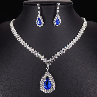 Luxury Blue Rhinestone Silver Plated Wedding Party Necklace Earrings Set Fashion Blue Crystal Bridal Jewelry Set Ladies Gift