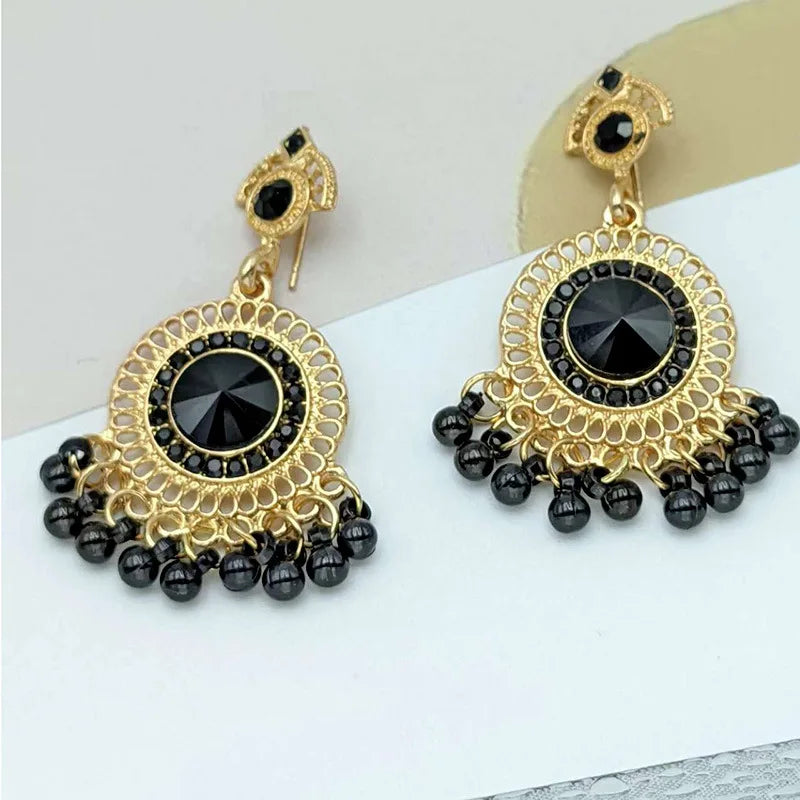 Vintage Round Inlaid Rhinestone Indian Earrings for Women Luxury Blue Crystal Bead Tassel Earrings Jhumka Jewelry Gift