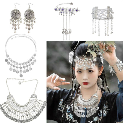 Vintage Silvery Long Chain Coin Bell Tassel Headwear Bracelet Necklace Earrings for Women Boho Afghan Turkish Gypsy Jewelry Sets