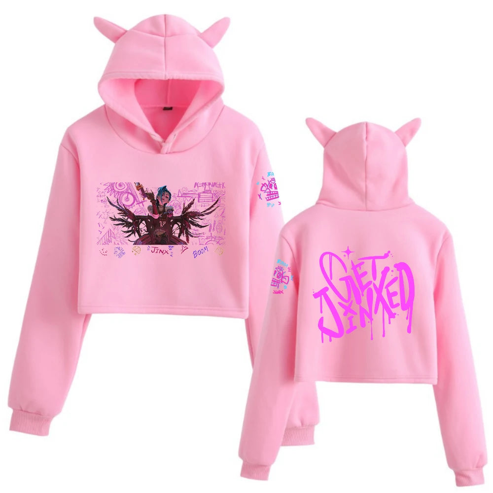 Jinx Arcane Graffiti Art Cat Ears Long Sleeve Crop Tops Girls Fashion Hoodie