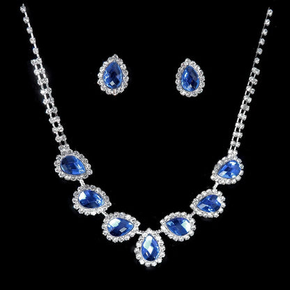 Luxury Blue Rhinestone Silver Plated Wedding Party Necklace Earrings Set Fashion Blue Crystal Bridal Jewelry Set Ladies Gift