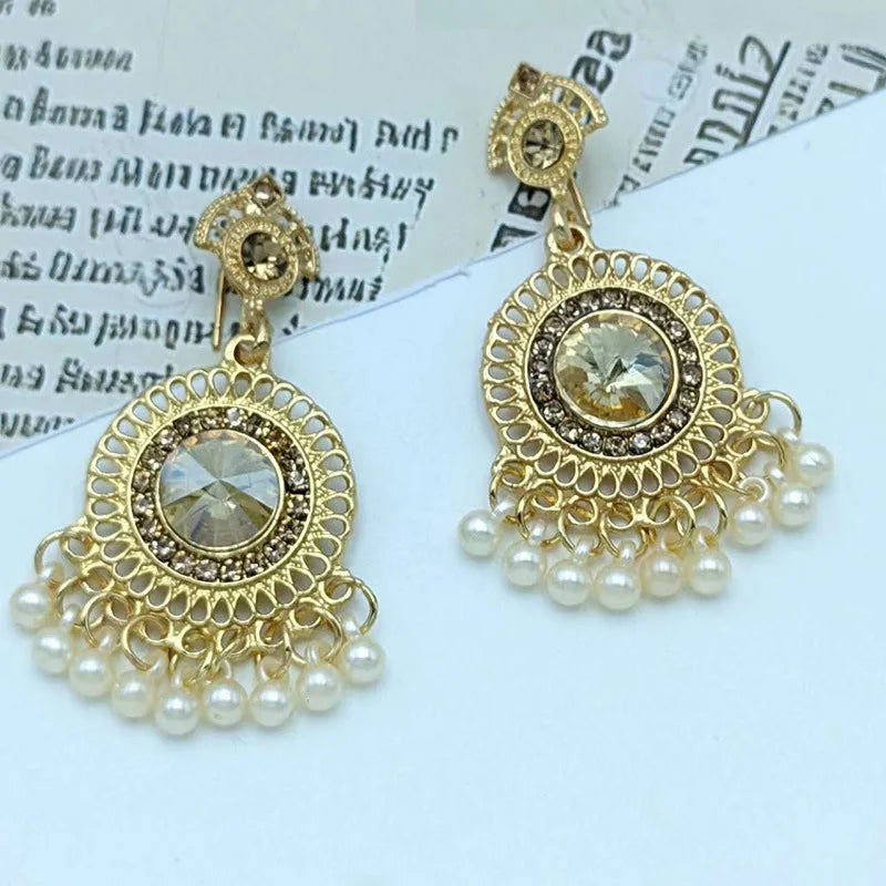 Vintage Round Inlaid Rhinestone Indian Earrings for Women Luxury Blue Crystal Bead Tassel Earrings Jhumka Jewelry Gift